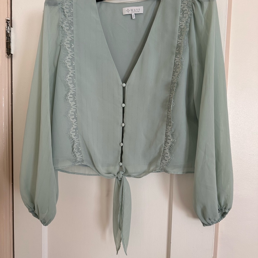 Wayf sage blouse with button and lace detail M